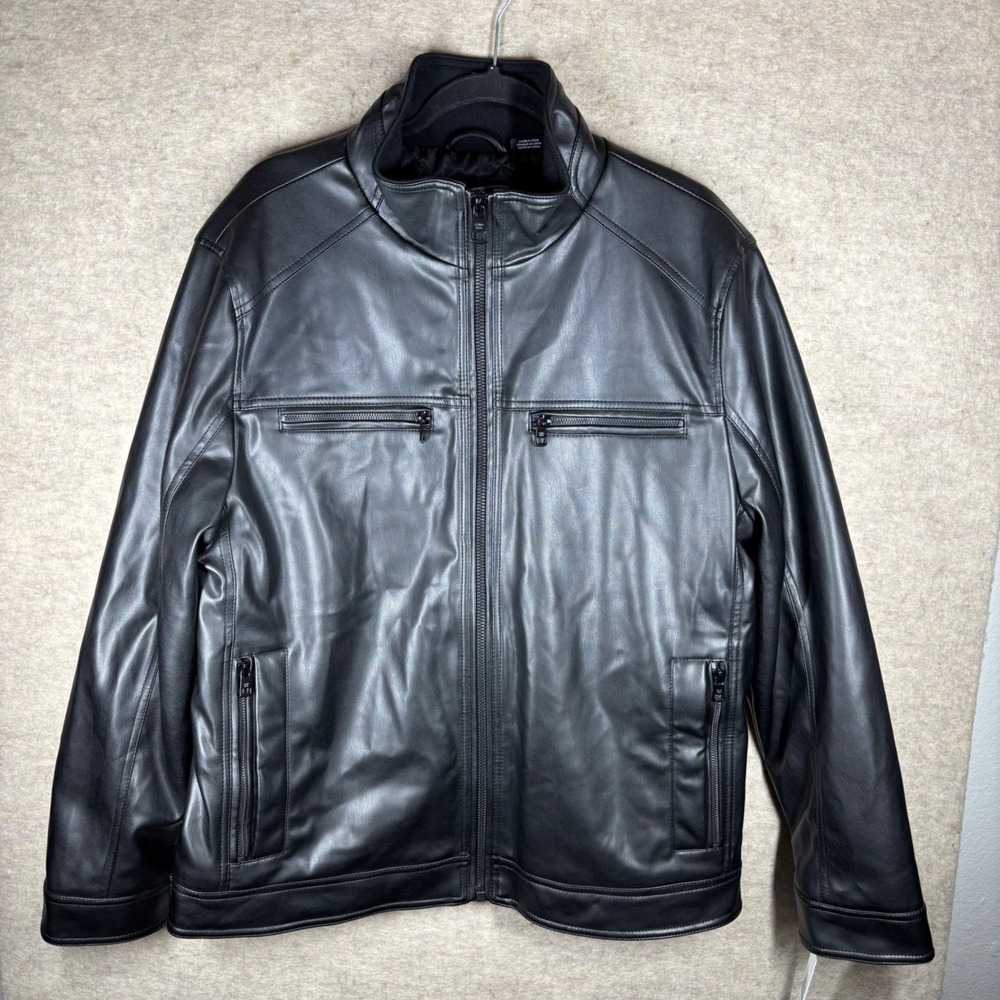 Calvin Klein Mens Faux Leather Moto Jacket Black Full Zip CM091207 Size L NEW